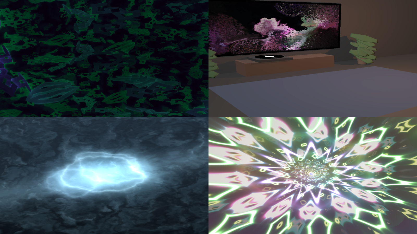 Collage of VVavy visuals showing liminal corridors, a cozy vinyl room, liquid glass reflections, and a neon kaleidoscope tunnel.